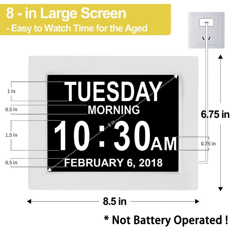 Jall ã€New 2024ã€‘ Digital Calendar Alarm Day Clock - with 8" Large Screen Display, am pm, Multiple Alarms, for Impaired Vision People, The Aged Seniors, The Dementia, for Desk, Wall Mounted, - Image 2
